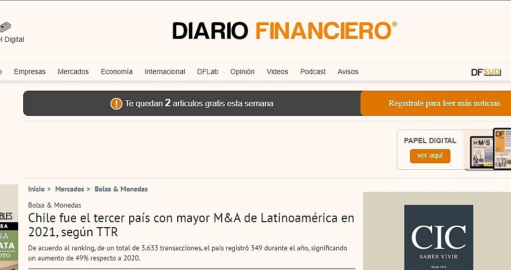 Chile fue el tercer pas con mayor M&A de Latinoamrica en 2021, segn TTR.